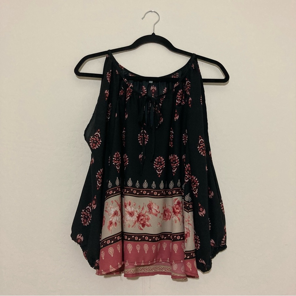 Charlotte Russe black multi-print cold-shoulder tie peasant long sleeve blouse